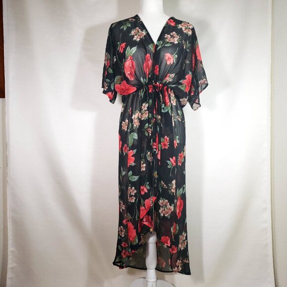 Dark floral Sheer kimono topper with tie waist Women’s 3X - Picture 7 of 8